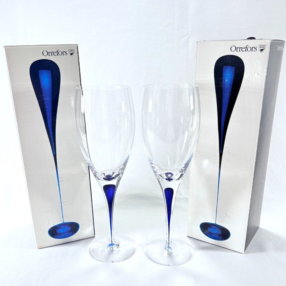 Orrefors Intermezzo Blue Set of 2 Hand Blown Crystal Water Goblet Glasses 9 1/4"